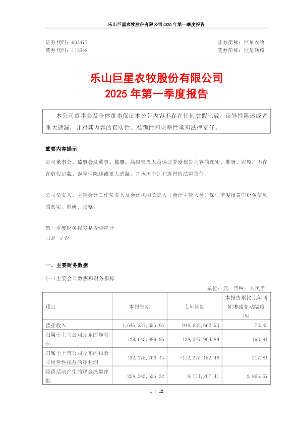 巨星农牧：乐山巨星农牧股份有限公司2025年第一季度报告