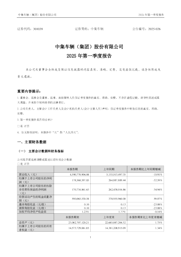中集车辆：2025年一季度报告