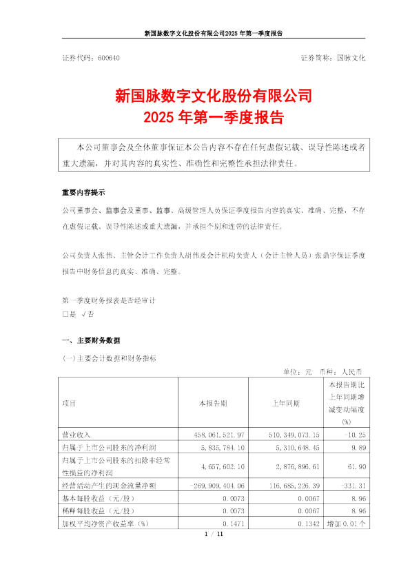 国脉文化:新国脉数字文化股份有限公司2025年第一季度报告