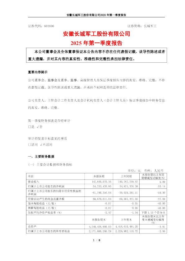 长城军工:安徽长城军工股份有限公司2025年第一季度报告