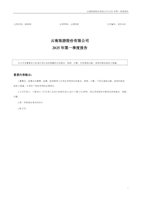 云南旅游：2025年一季度报告