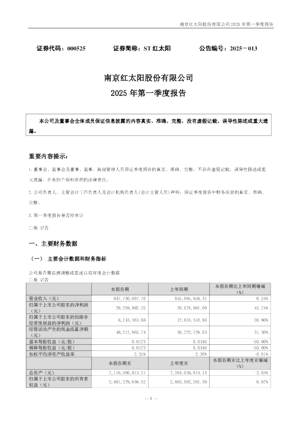 ST红太阳：2025年一季度报告