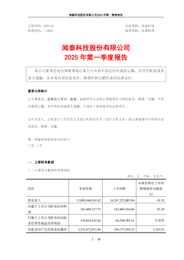 闻泰科技：2025年第一季度报告