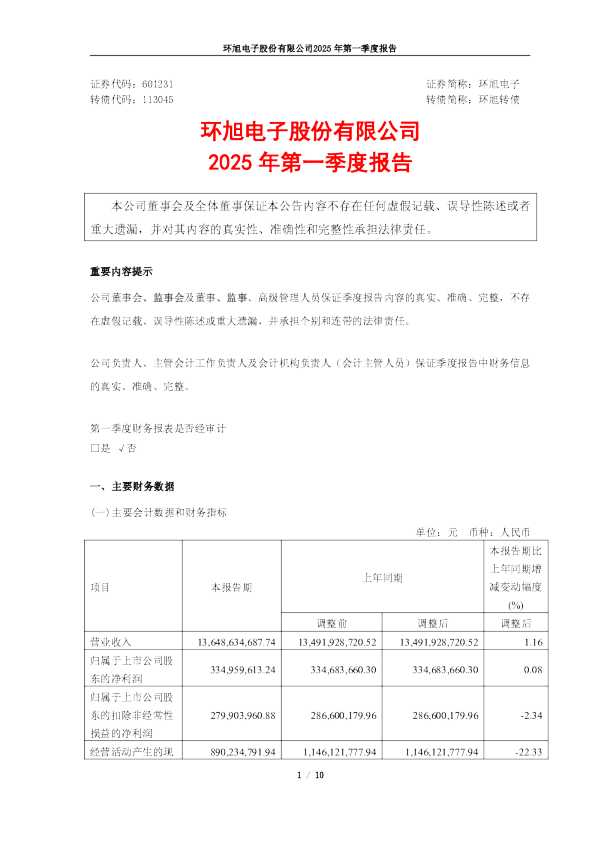 环旭电子：2025年第一季度报告