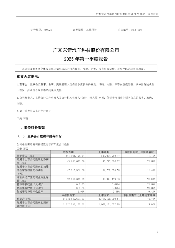 东箭科技：2025年一季度报告