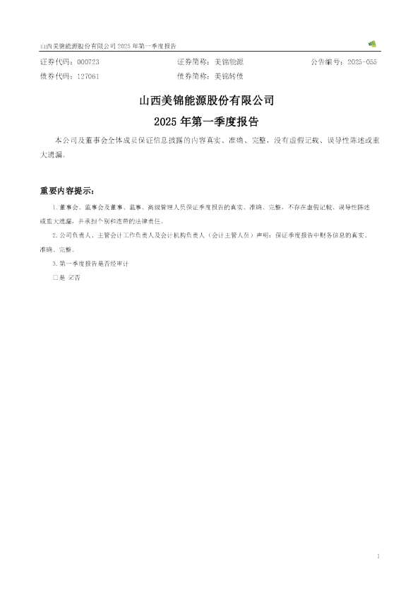 美锦能源：2025年一季度报告