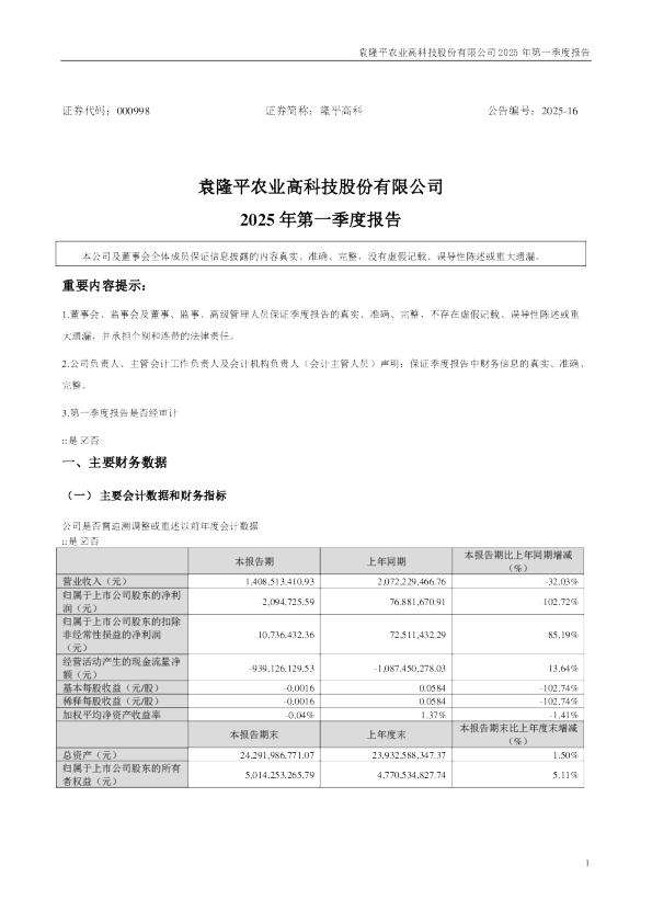 隆平高科：2025年一季度报告
