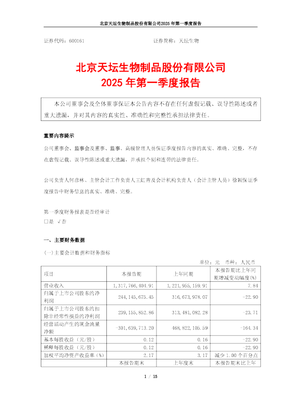 天坛生物：天坛生物2025年第一季度报告
