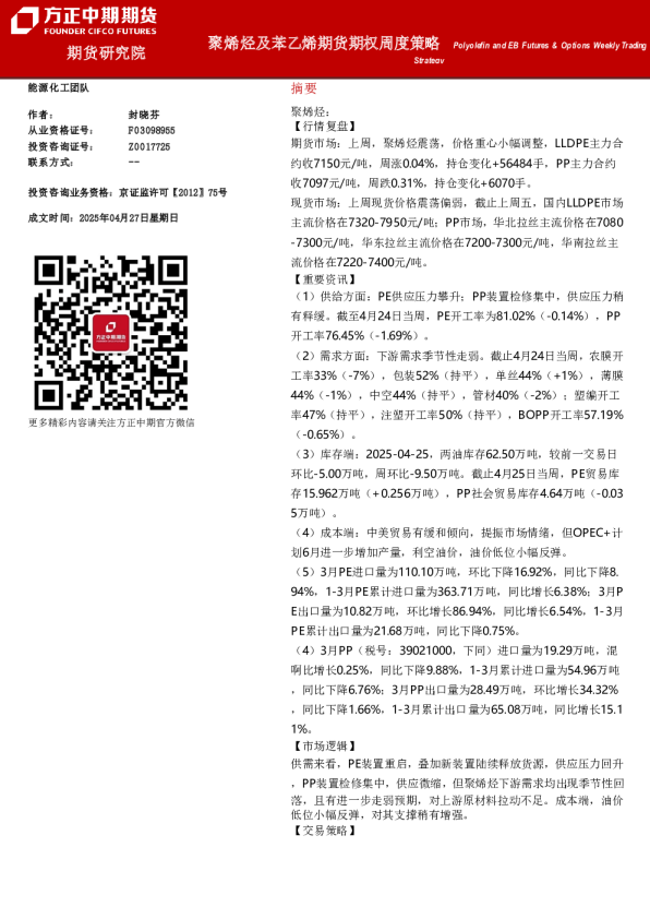 聚烯烃及苯乙烯期货期权周度策略