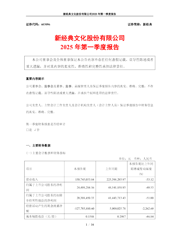 新经典：2025年第一季度报告
