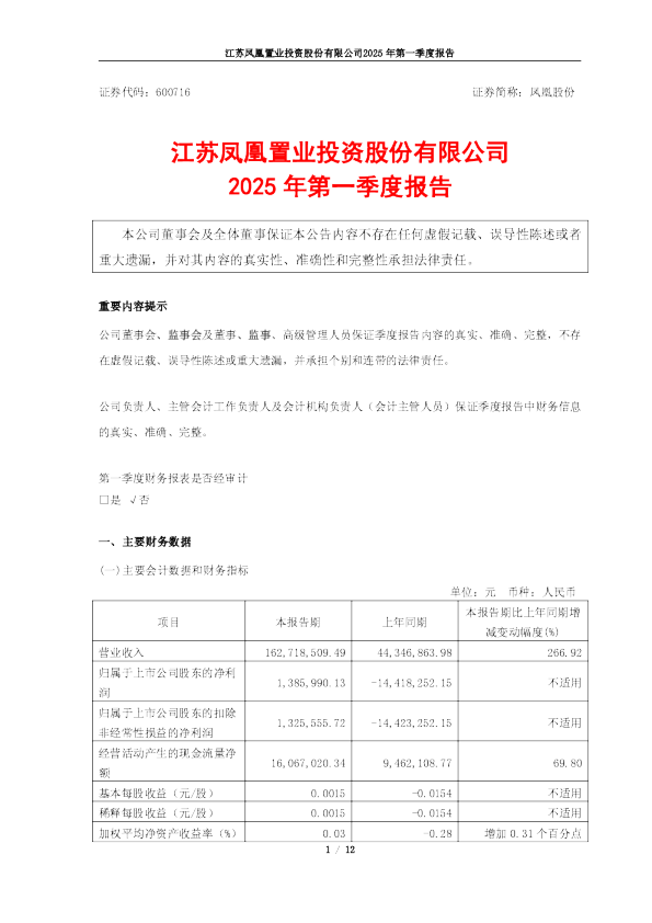 凤凰股份：凤凰股份2025年第一季度报告