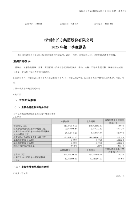 *ST长方：2025年一季度报告