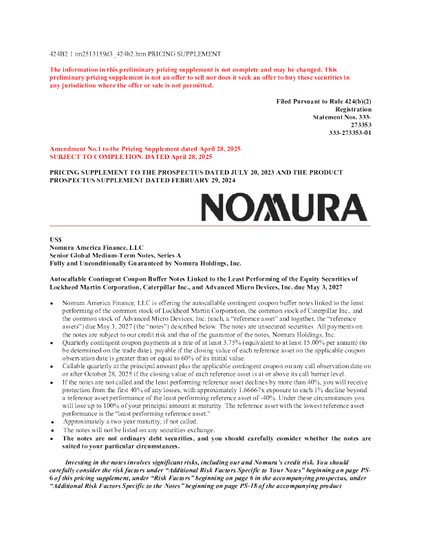 野村控股美股招股说明书(2025-04-28版)