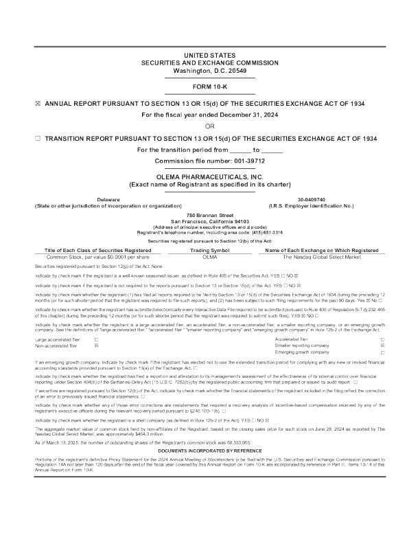 Olema Pharmaceuticals Inc 2024年度报告