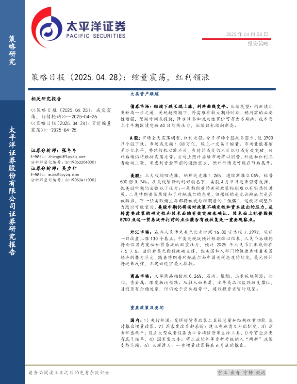 策略日报：缩量震荡，红利领涨