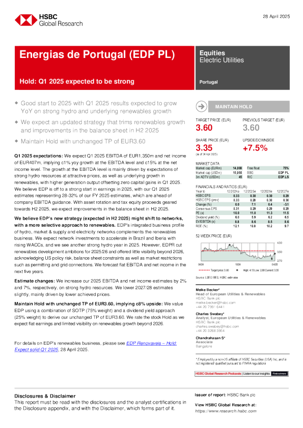 葡萄牙电力公司（EDP.LS）：葡萄牙电力公司（EDP PL）：预计2025年第一季度表现强劲