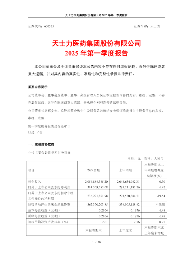 天士力2025年第一季度报告