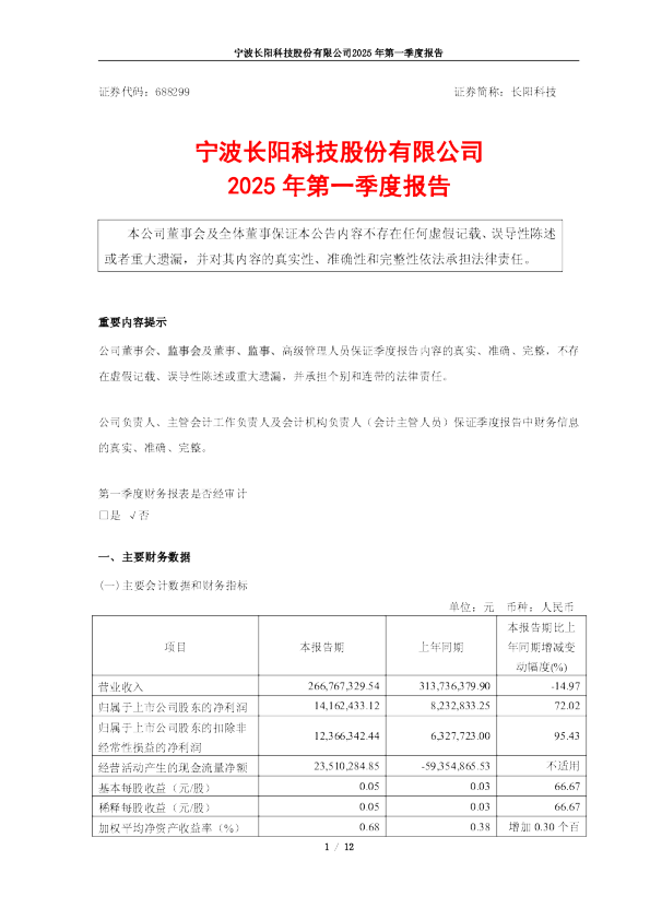 宁波长阳科技股份有限公司2025年第一季度报告