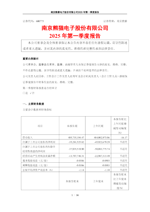 南京熊猫2025年第一季度报告