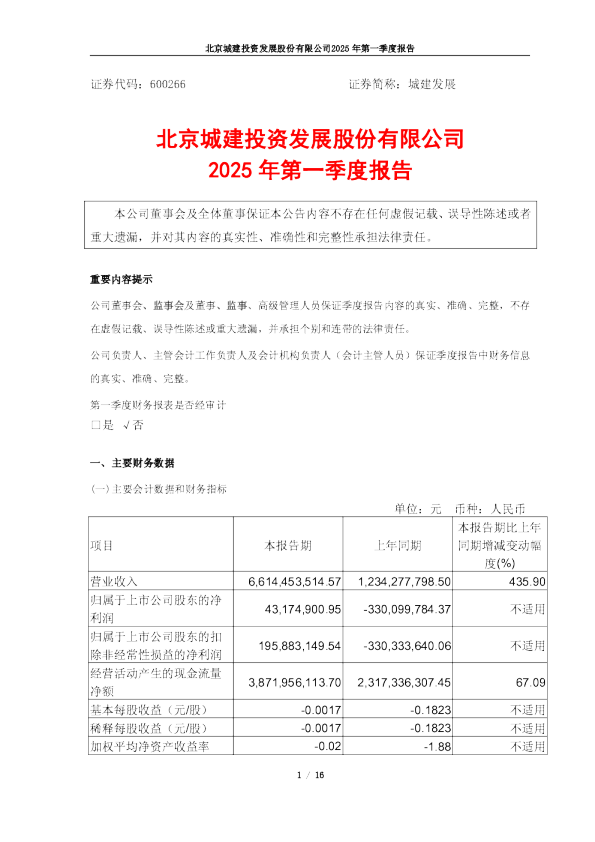 城建发展:城建发展2025年第一季度报告