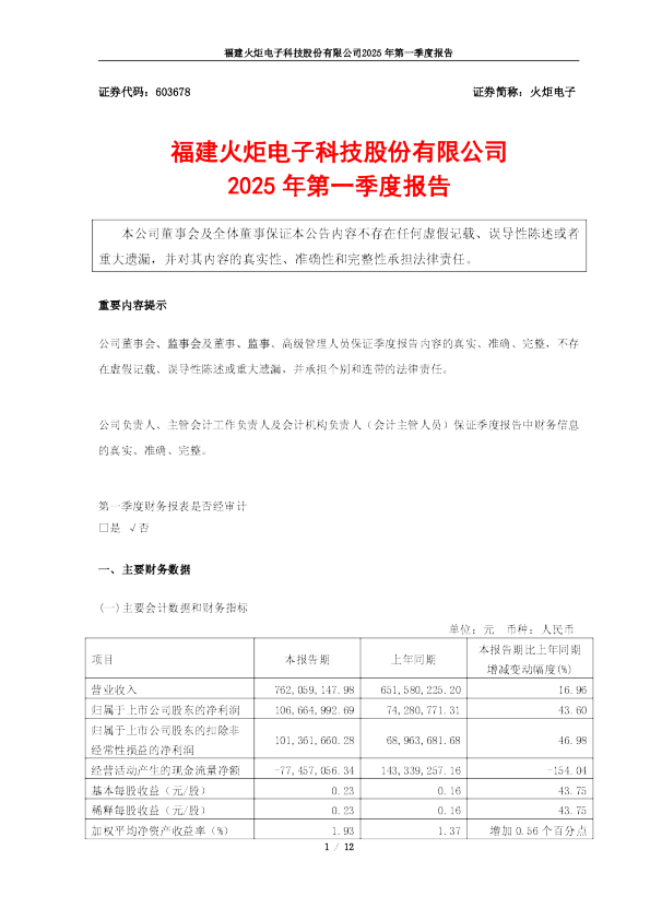 火炬电子：火炬电子2025年第一季度报告