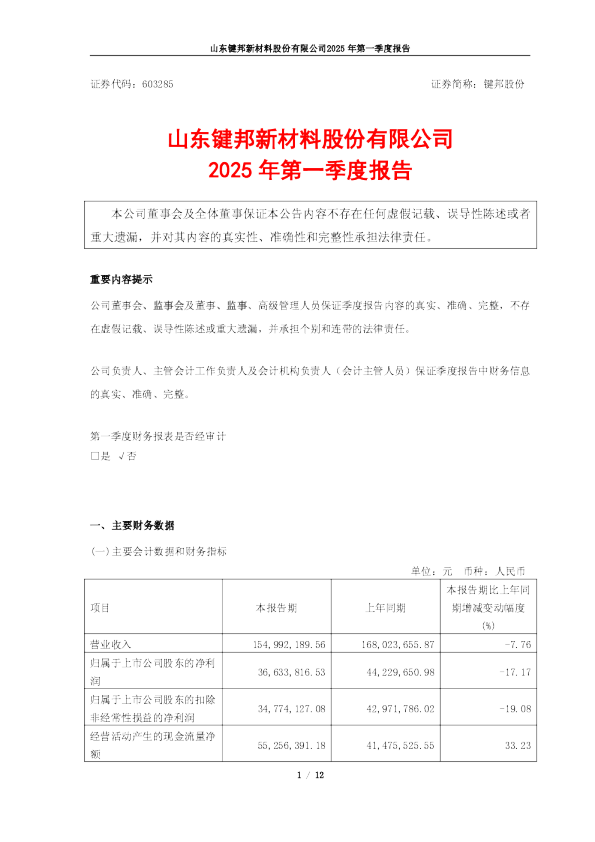 键邦股份：2025年第一季度报告
