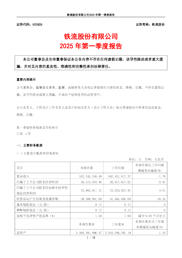 铁流股份：铁流股份2025年第一季度报告