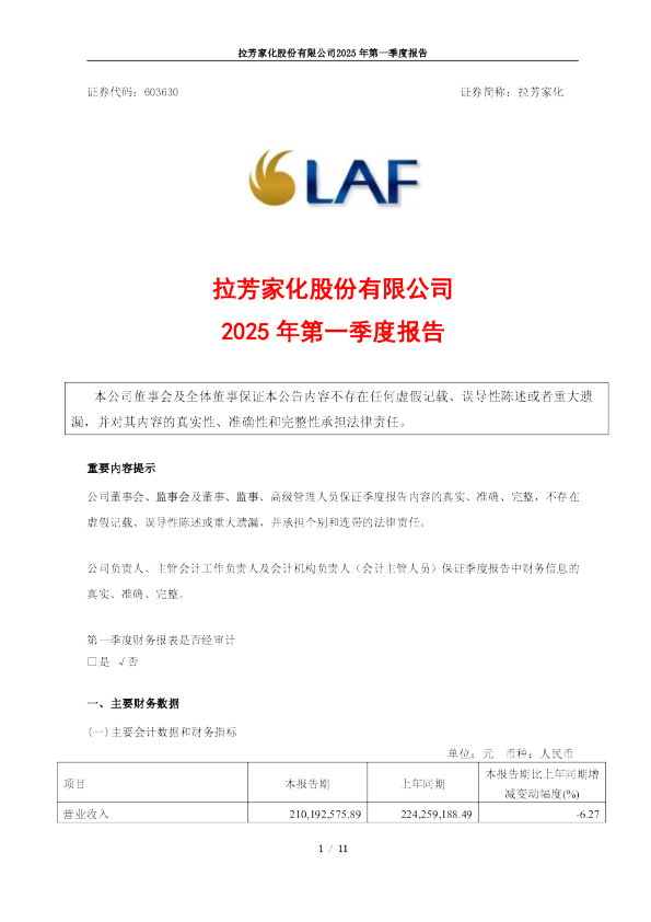 拉芳家化：2025年第一季度报告