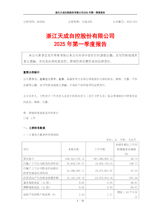 天成自控：天成自控2025年第一季度报告