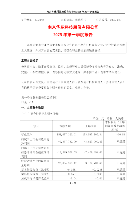 华脉科技：2025年第一季度报告