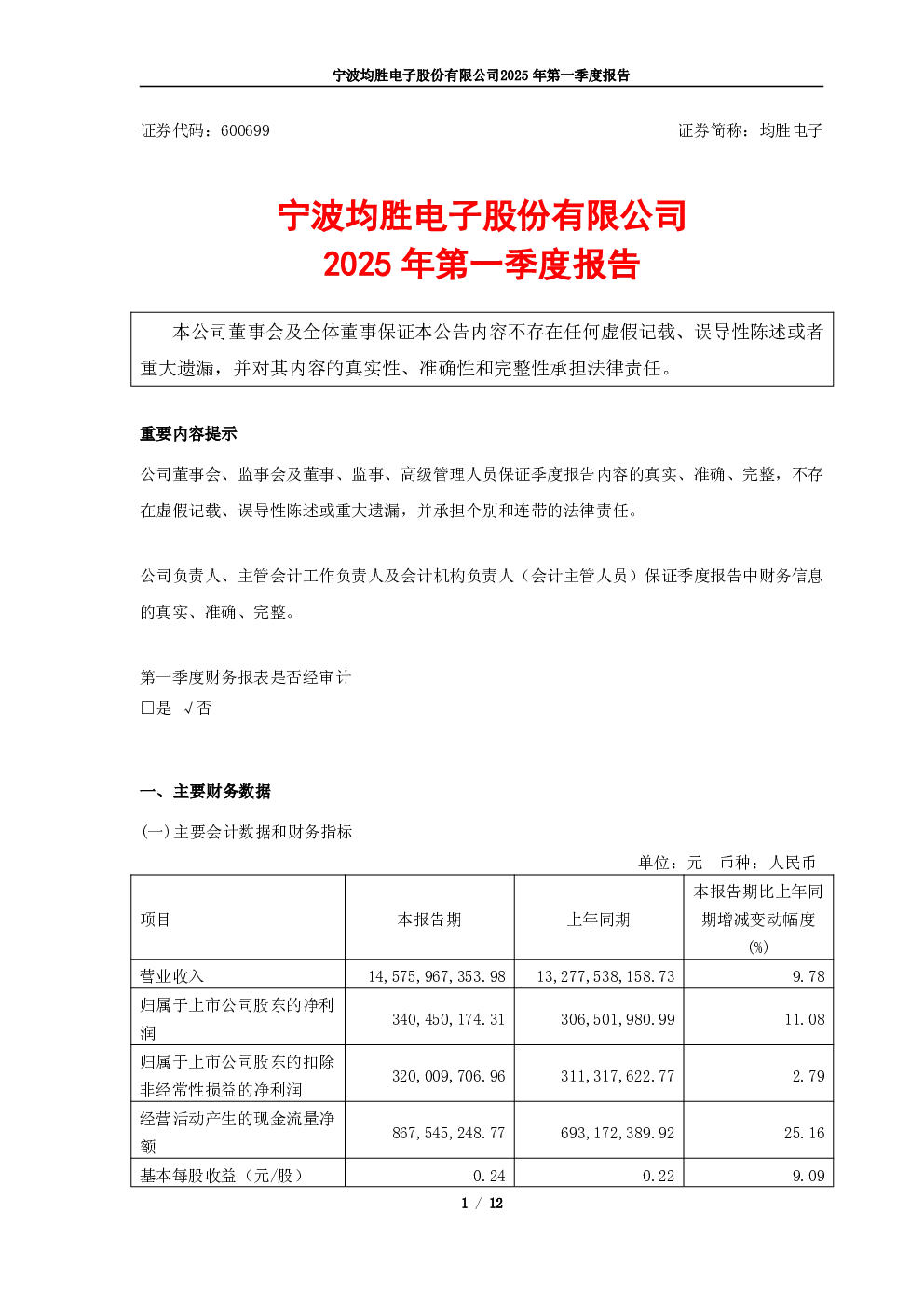 均胜电子：均胜电子2025年第一季度报告