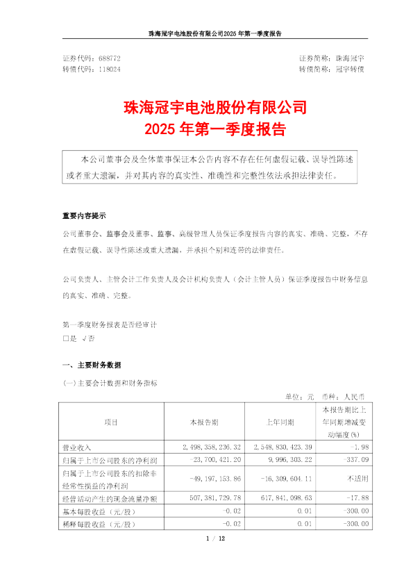 珠海冠宇:2025年第一季度报告