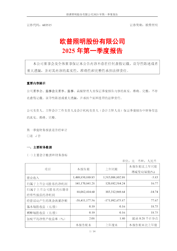 欧普照明:欧普照明股份有限公司2025年第一季度报告