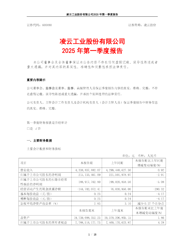 凌云股份：凌云股份2025年第一季度报告
