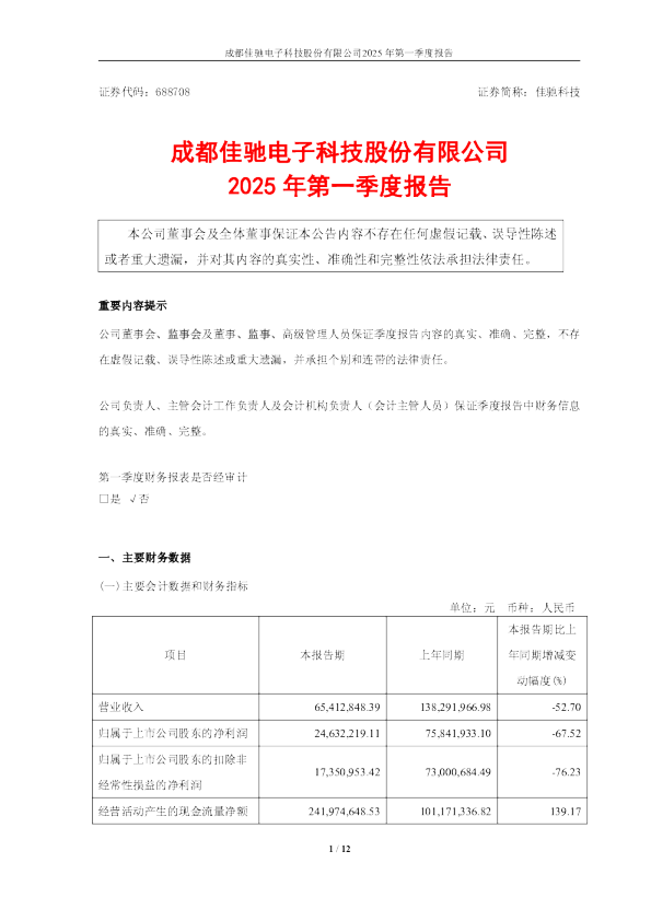 佳驰科技：2025年第一季度报告