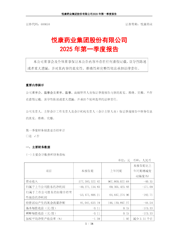 悦康药业:2025年第一季度报告