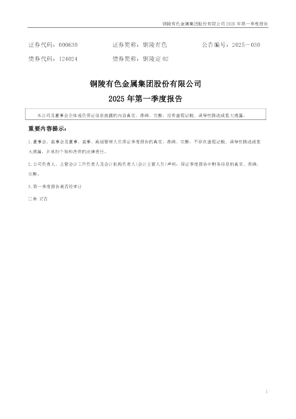 铜陵有色:2025年一季度报告