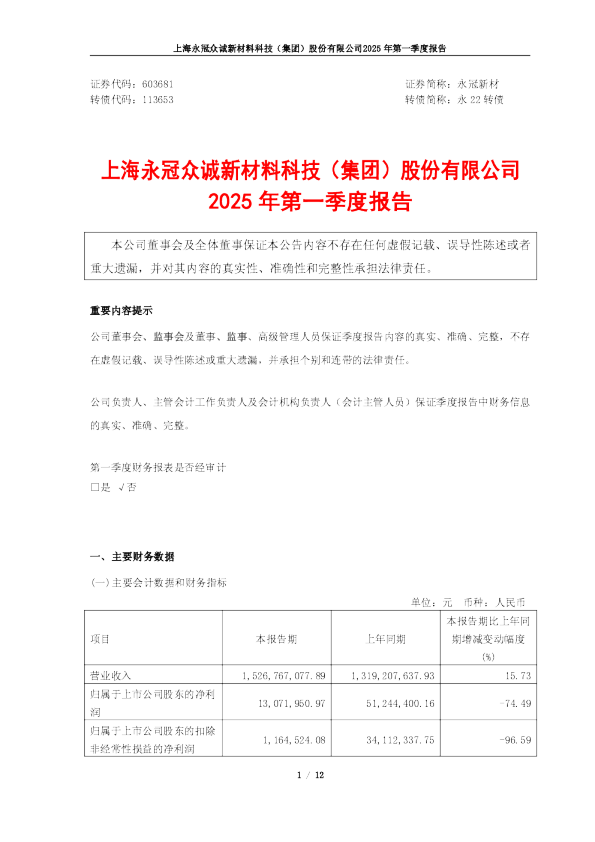 永冠新材：上海永冠众诚新材料科技（集团）股份有限公司2025年第一季度报告