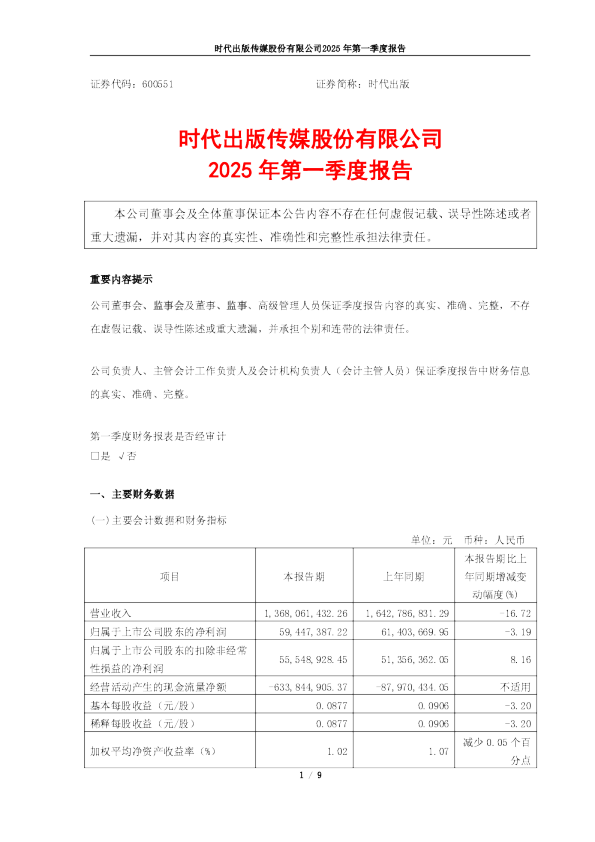 时代出版：时代出版2025年第一季度报告
