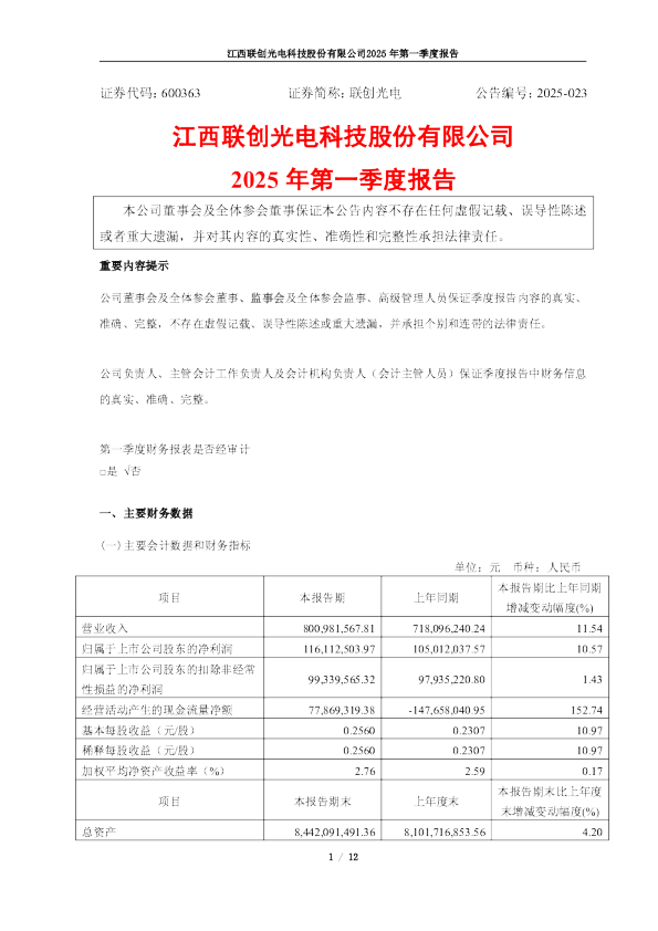 联创光电：2025年第一季度报告