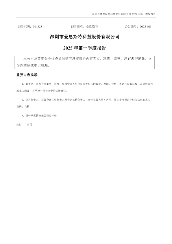 曼恩斯特：2025年一季度报告