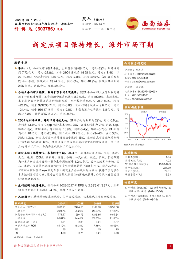 新定点项目保持增长，海外市场可期