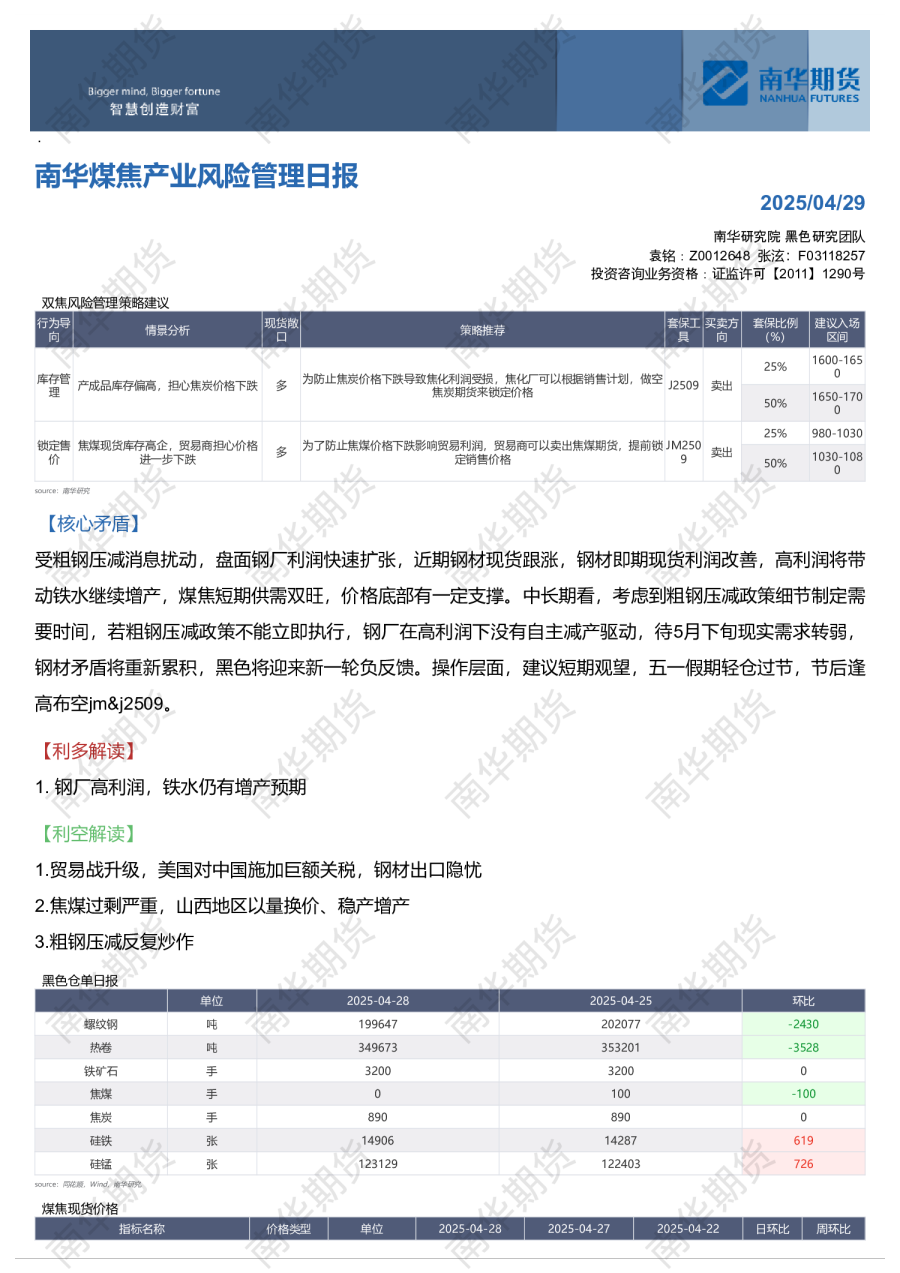 南华煤焦产业风险管理日报20250429