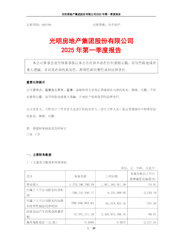 光明地产:光明地产2025第一季度报告
