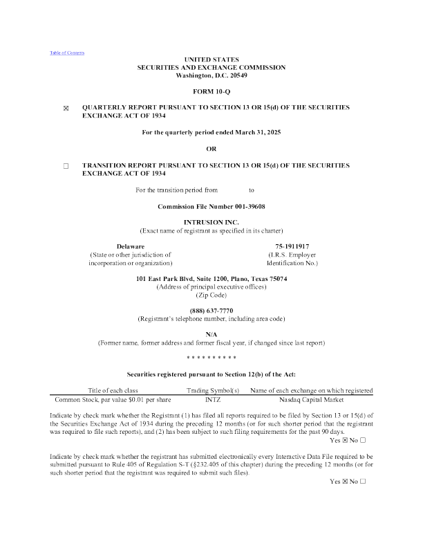 Intrusion Inc 2025年季度报告