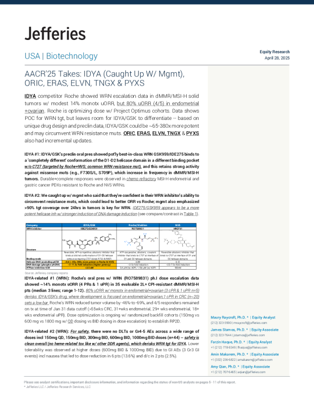 AACR'25观点IDYA（与管理层沟通情况）、ORIC、ERAS、ELVN、TNGX和PYXS