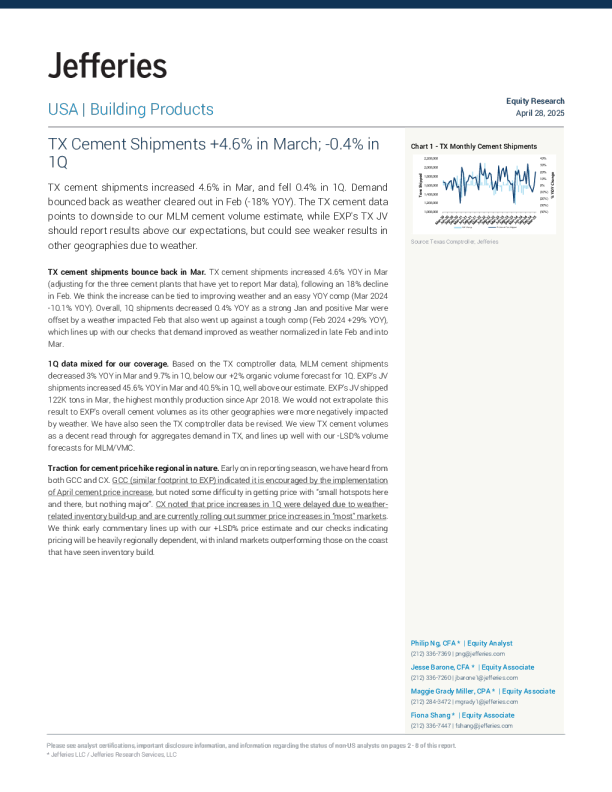 德克萨斯州3月水泥发货量增长4.6%；第一季度下降0.4%