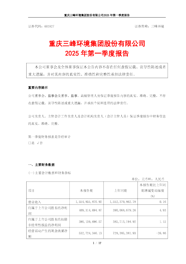 三峰环境：2025年第一季度报告