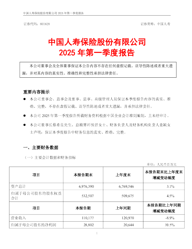 中国人寿：中国人寿2025年第一季度报告