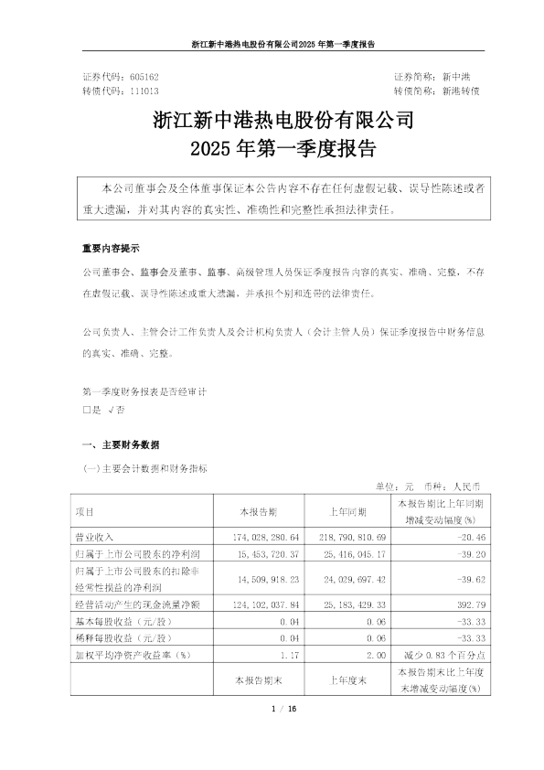 新中港:2025年第一季度报告